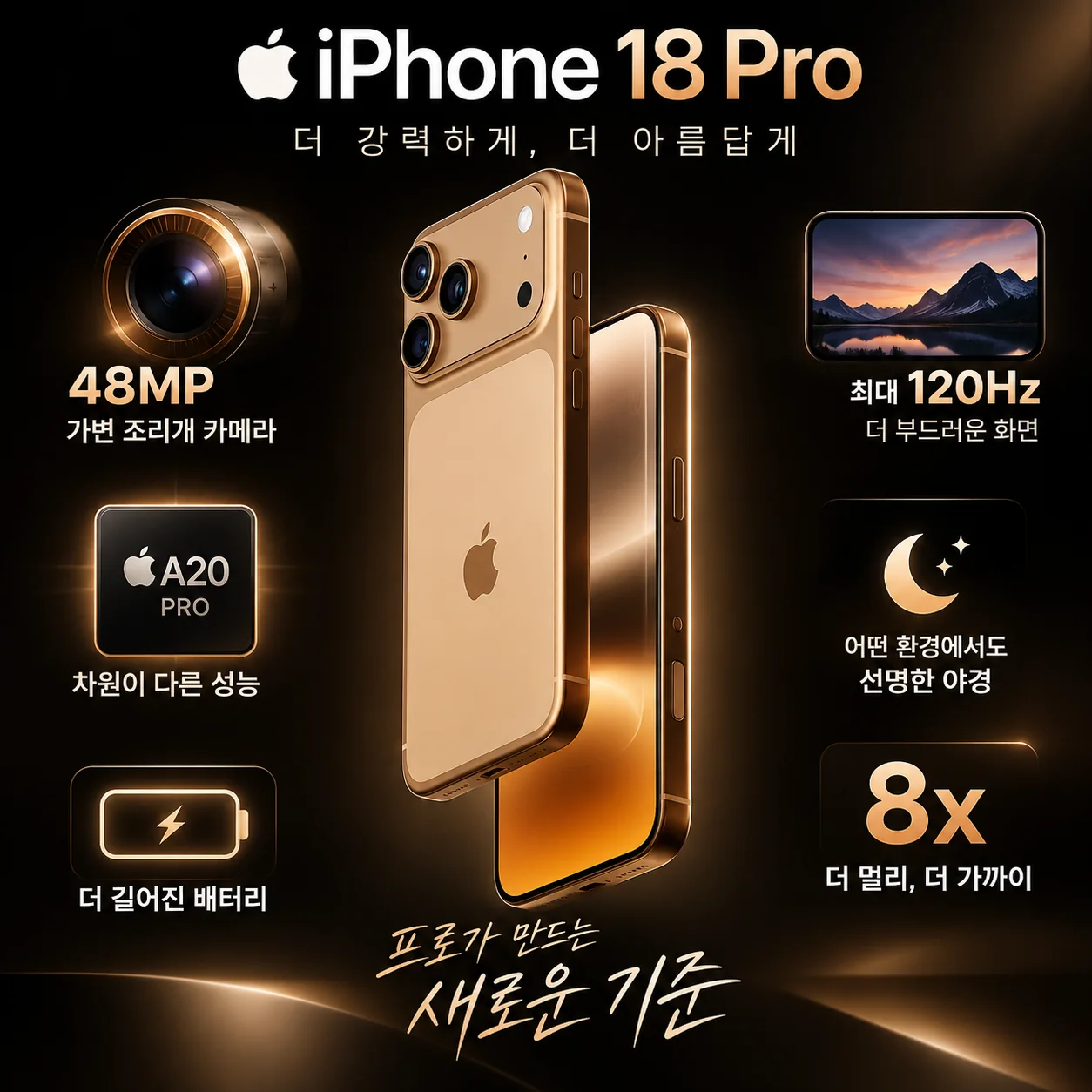 아이폰18 프로 카메라, A20 Pro 칩, 120Hz 디스플레이, 배터리 등 주요 기능 이미지